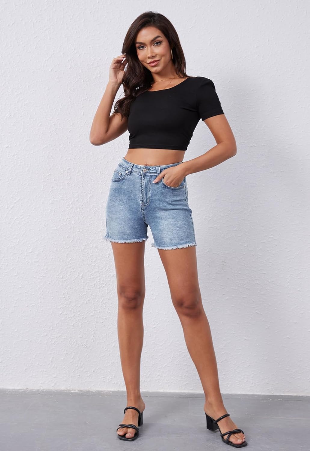 Metietila Casual Jean Shorts for Women High Rise Frayed Raw Hem Stretchy Denim Shorts with Pockets - Image 4