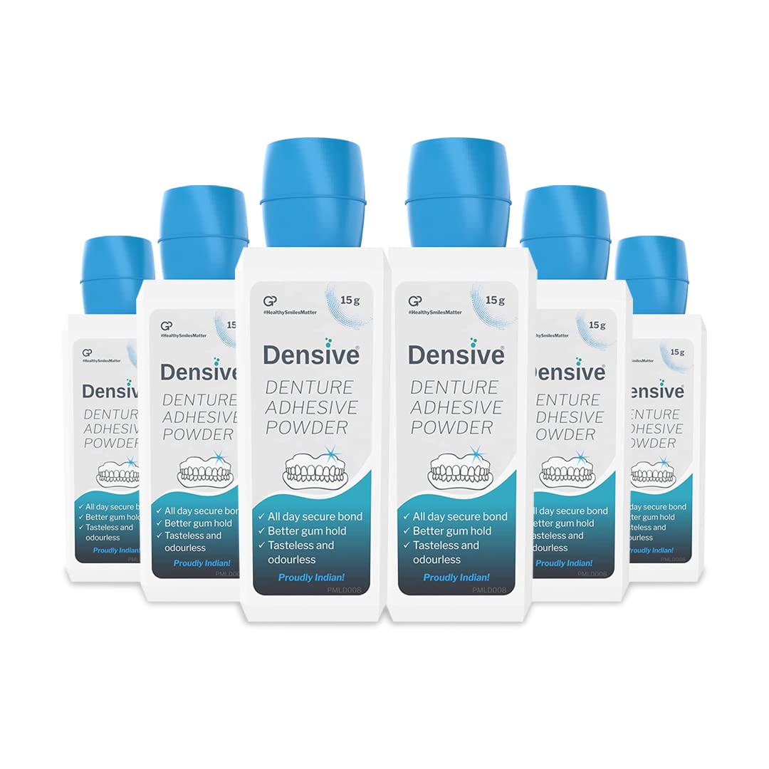 Densive Denture Adhesive Powder Pack of 6 | 15g Per Pack | Tasteless, flavorless, and odourless | Non-Toxic | Better gum hold | All day secure bond | Creates strong bond between gums and dentures