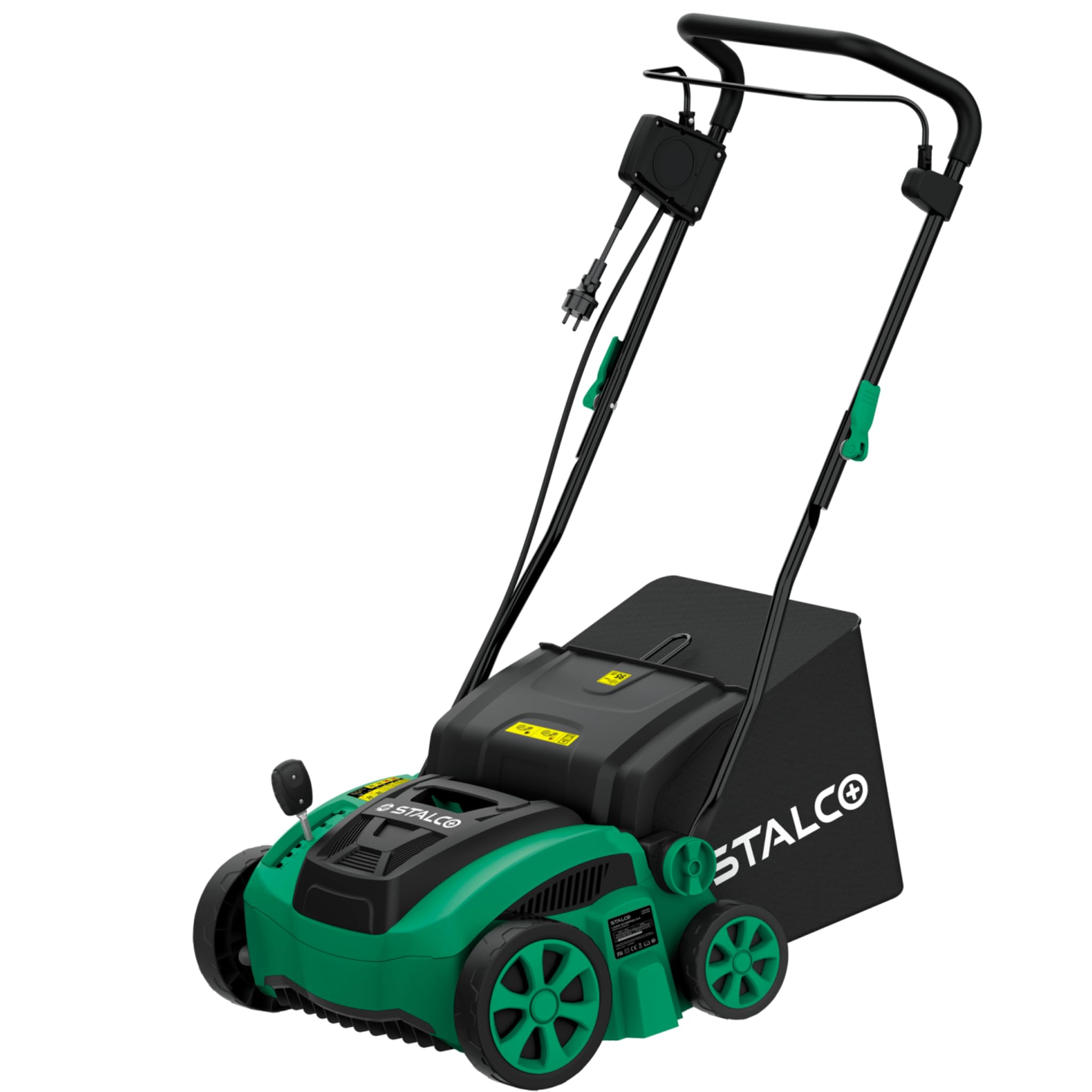 STALCO LSS2 en 1 - Escarificador (1500 W, 36 cm, aireador de césped y removedor de musgo, ajuste de altura central de -12 a +10 mm, cesta de 45 L, 2 rodillos, IPX4 eléctrico)