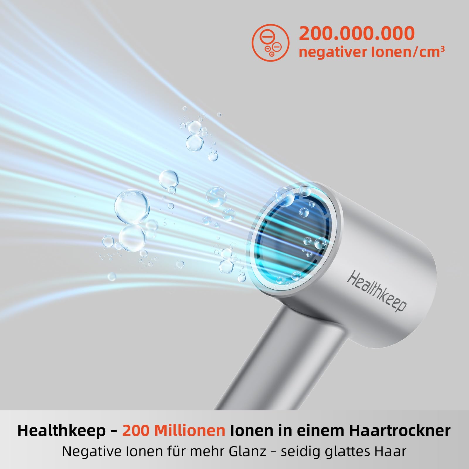 Healthkeep Föhn Negativen Ionen mit 2 diffusor, Haartrockner 200-Million-Ionen leise Fön(<78 dB) 1600W von 10.000 U/min Hochgeschwindigkeits Luftkanal, Haar Hair-Dryer Schnelltrocknende,Legierung