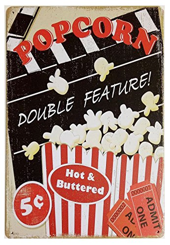 ERLOOD Popcorn Double Feature Hot&Buttered Retro Vintage Decor Metal Tin Sign 12 X8 Inches
