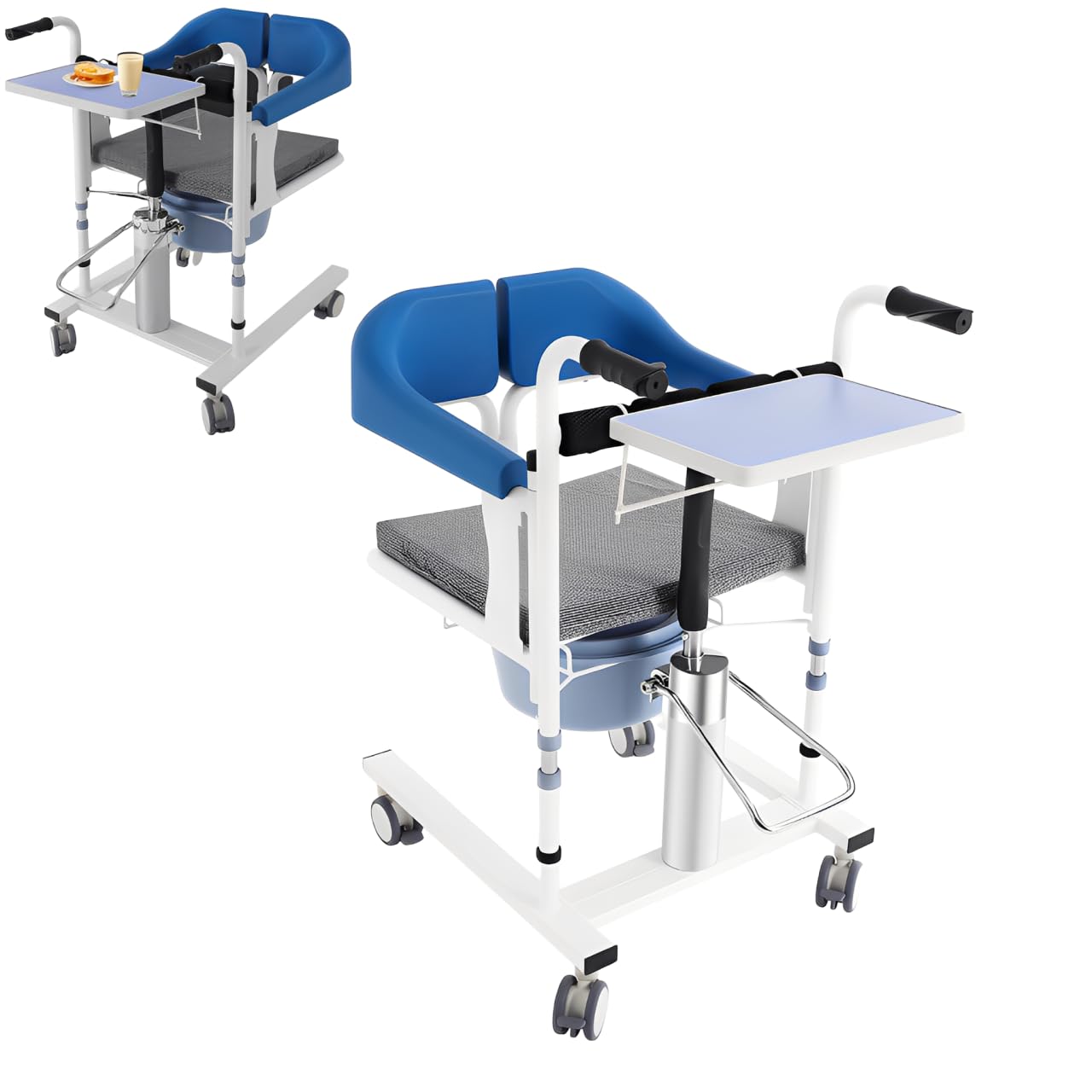 Sollevatore idraulico, sedia di trasferimento per pazienti, regolabile in altezza, capacità di carico 100 kg, maniglie antiscivolo, seduta divisa a 180°, sedia da doccia (blu)
