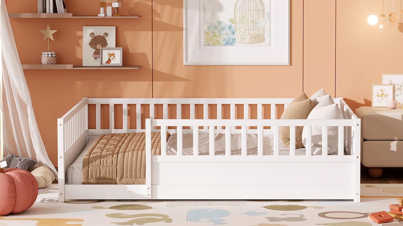 Queen Montessori Floor Bed with 21.46" Safety Guardrails for Toddlers & Kids: Prevents Falls During Nighttime Sleep - No Box Spring Needed - Solid Wood Low Profile Bed Frame for Shared Kids Be