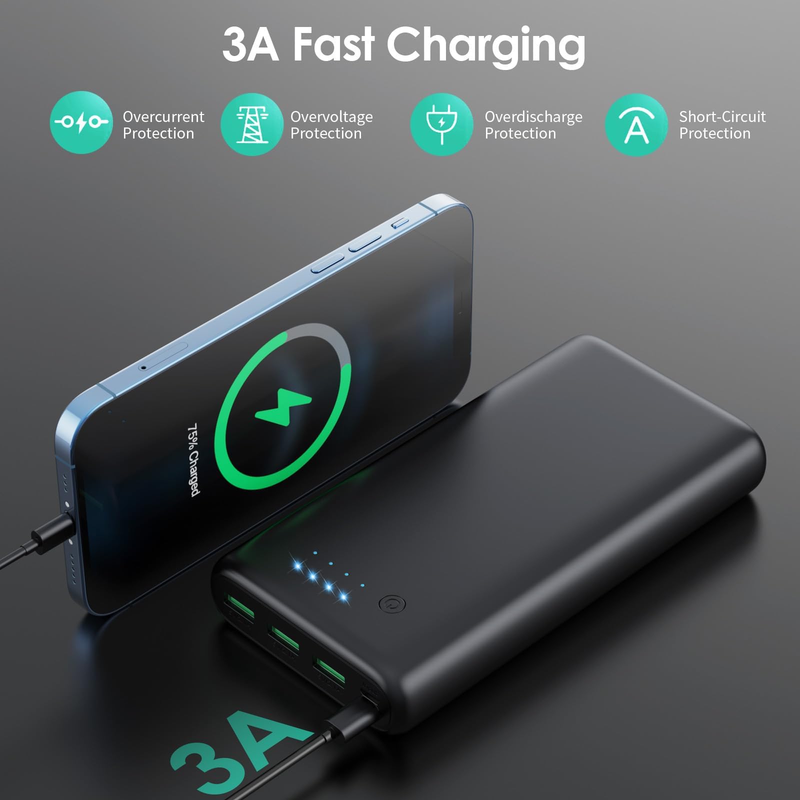 Power Bank 26800 mAh, cargador inalámbrico USB C, cargador de 7 salidas y 2 entradas, con cable integrado, cargador portátil, batería de teléfono móvil (negro y rojo Power Bank 26800 mAh, cargador inalámbrico USB C, cargador de 7 salidas y 2 entradas, con cable integrado, cargador portátil, batería de teléfono móvil (negro y rojo