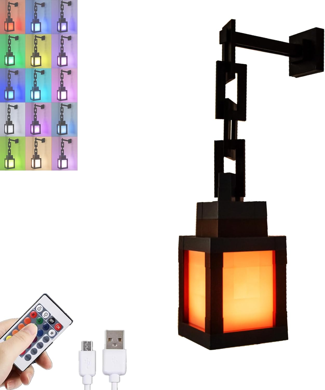 Pixelated Lantern Night Light -16-Color Led Wall Mood Night Light W Touch Switch&Remote Control-Rechargeable Night Lamp Mountable Table Light, Costume Cosplay Nightstand Lamp