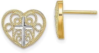 Brincos de ouro amarelo 14 k Filigrana cruz centro religioso coração pino pino botão de bola joias finas para mulheres presentes para ela, Cristal Cristal Ouro amarelo