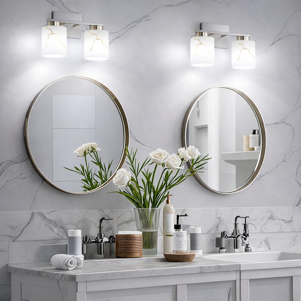 Brushed Nickel Bathroom Light Fixtures,Modern 2-Light Bathroom Vanity Light Over Mirror with White Marble Glass Shade,Wall Sconces Lighting for Bedroom Cabinet Kitchen Living Room