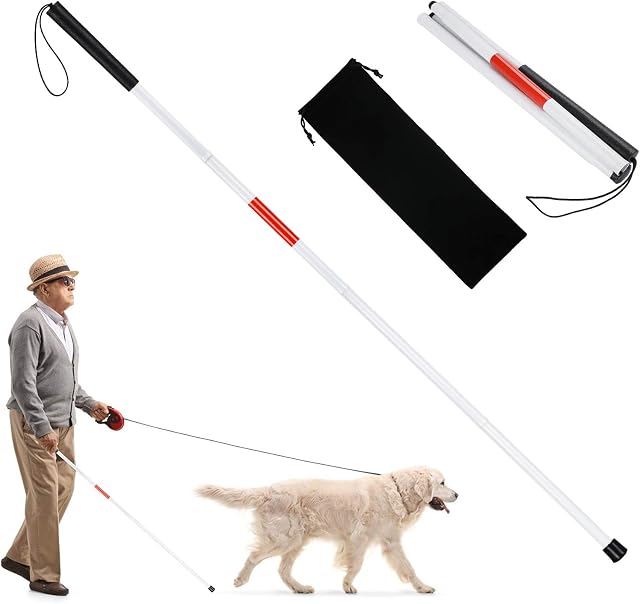 CHALA Folding Blind Cane,123cm/48.4in Portable Walking Stick Adjustable Aluminium Alloy Collapsible Support Crutch (Folds Down 4 Sections) for Vision Impaired and Blind
