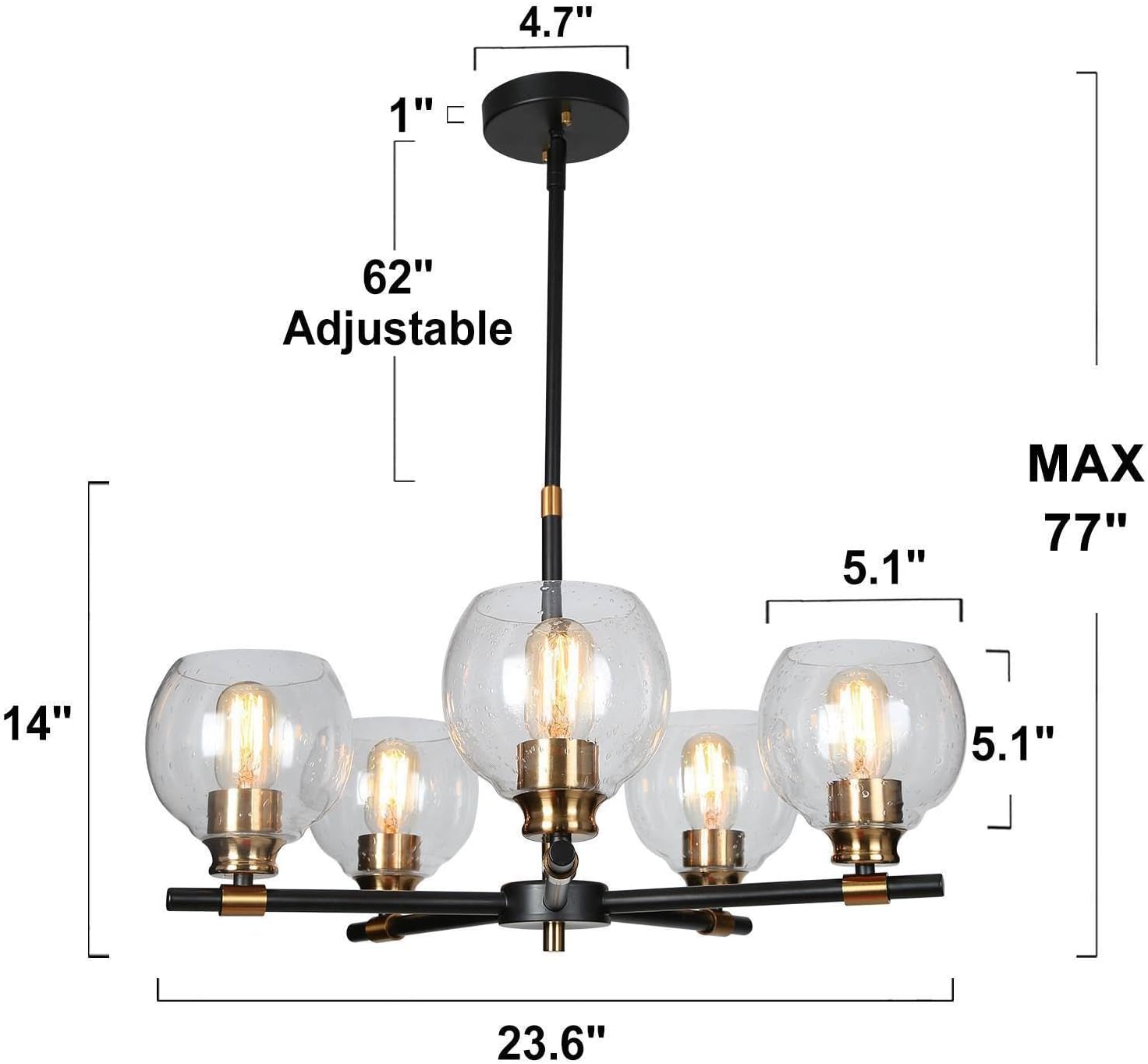 KSANA Chandeliers for Living Room, 5 Light Mid-Century Modern Chandeliers with Seeded Glass, Black Gold Globe Chandelier for Dining Room, Kitchen, Bedroom