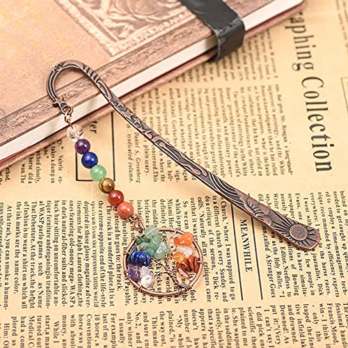 Vadiforest 2 Pcs Vintage Bronze Tree Of Life & Spiral Symbol Metal Bookmark Set Natural 7 Chakra Healing Crystal Tumbled Chip Stones Bookmarks Handmade Book Mark Gift #TOP3
