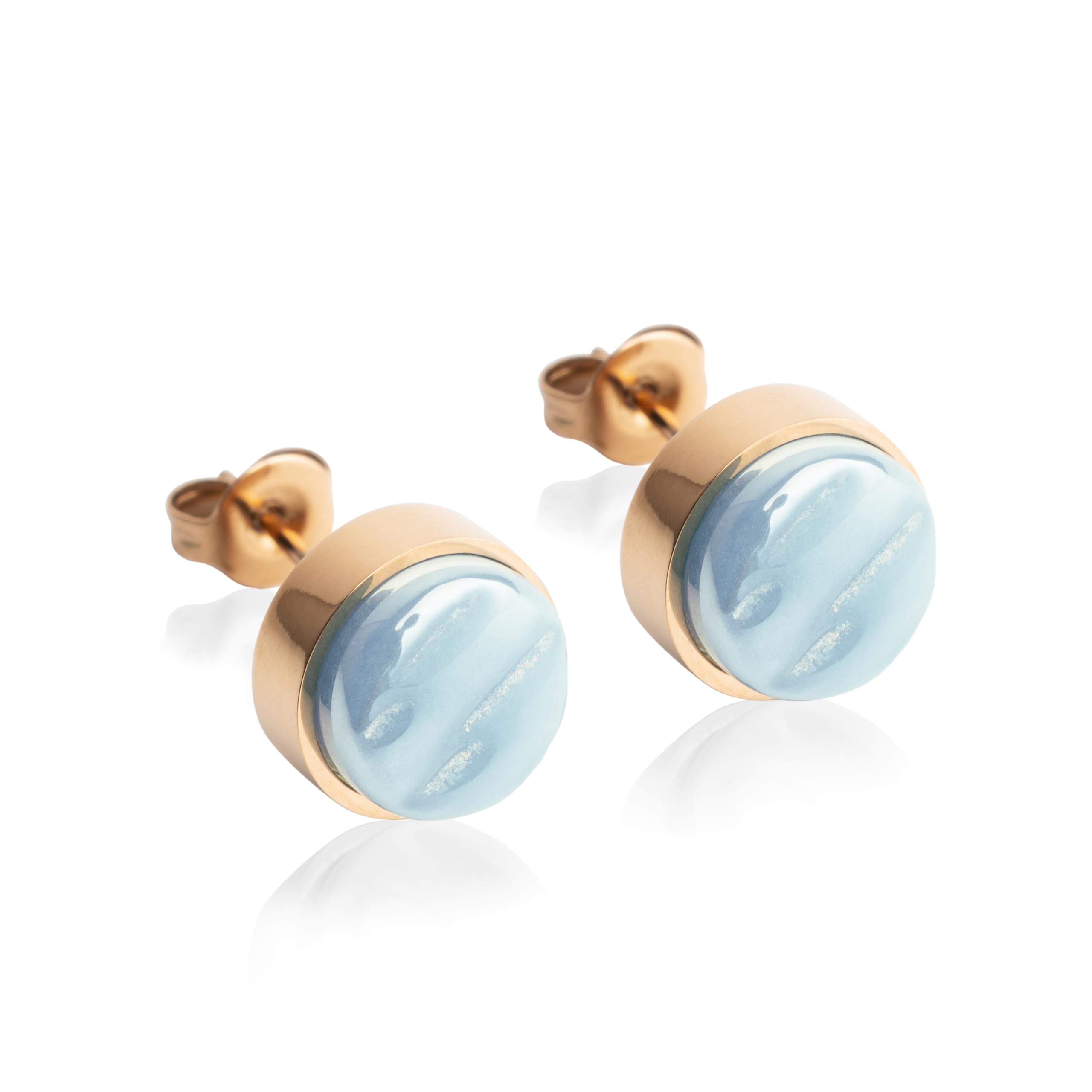 Kleine Ohrstecker roségold mit Stein • Ohrringe für Damen • Nachhaltiger Modeschmuck aus Edelstahl & recyceltem Glas mit Perlmutt Optik • Ø 9mm