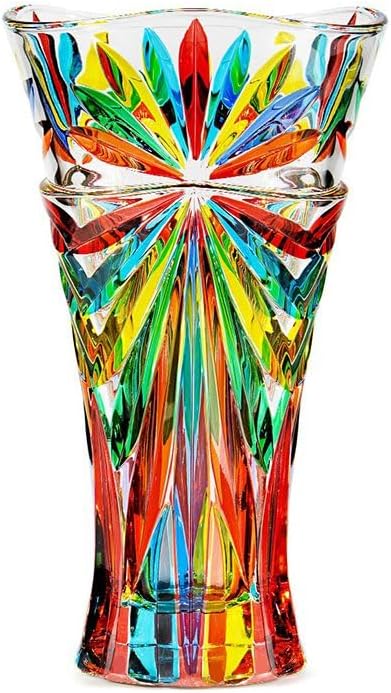 Italian Crystal Flower Vase - Large 12" x 8" Colorful Starburst Design, Blown Glass Vase, Perfect for Centerpiece Table Decorations, Fireplace Shelf Decor, Tall Vases for Flowers & Book Shelf Accents