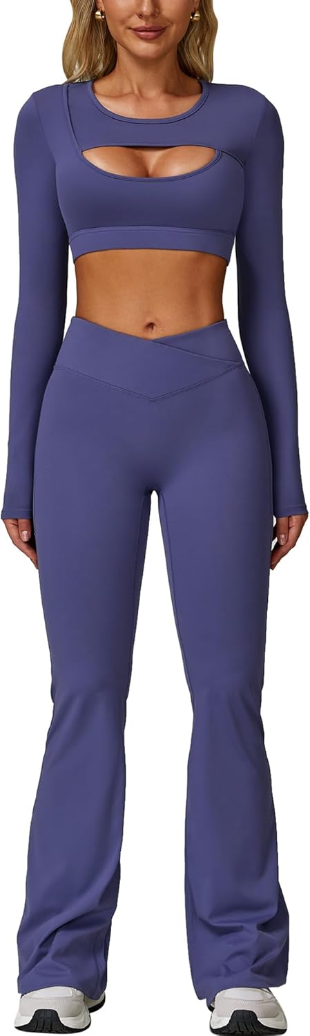 2 Piece Workout Sets for Women Seamless High Waist Flare Leggings Yoga Long Sleeve Cutout Crop Tops Athletic Sets