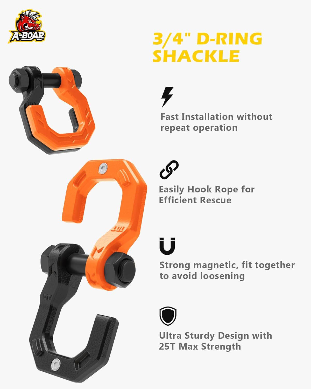 Separate D-Ring Shackles, 2Pack 3/4" Separate D-Ring Shackles 7/8" Pin, 57320lbs Breaking Strength, Heavy Duty Forged Steel, D-Ring Towing Winch Shackle for Recovery, 4x4 Off-Road, BlackOrange - Image 2