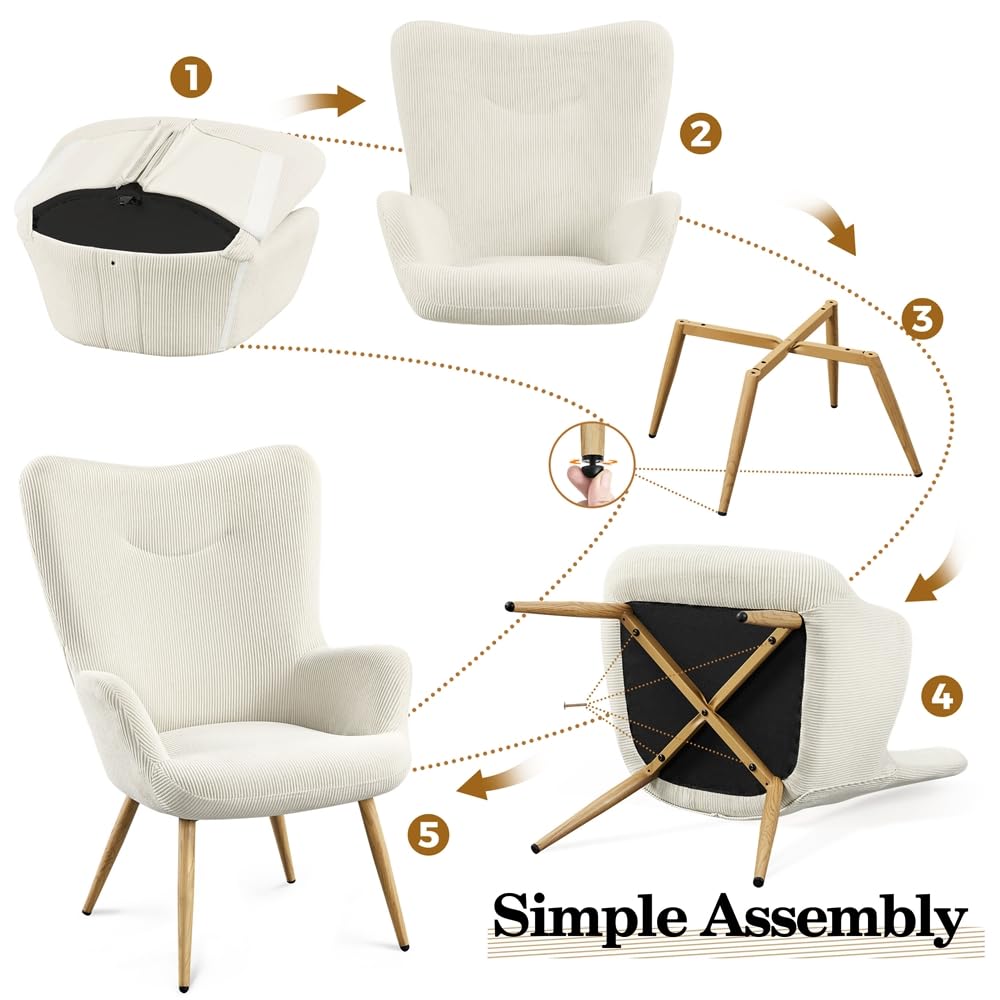 Yaheetech Ohrensessel eleganter Armsessel aus Cordstoff mit Klappbarer Rückenlehne Sessel bis belastbar Sessel fürs Wohnzimmer/Schlafzimmer Beige – Bild 9