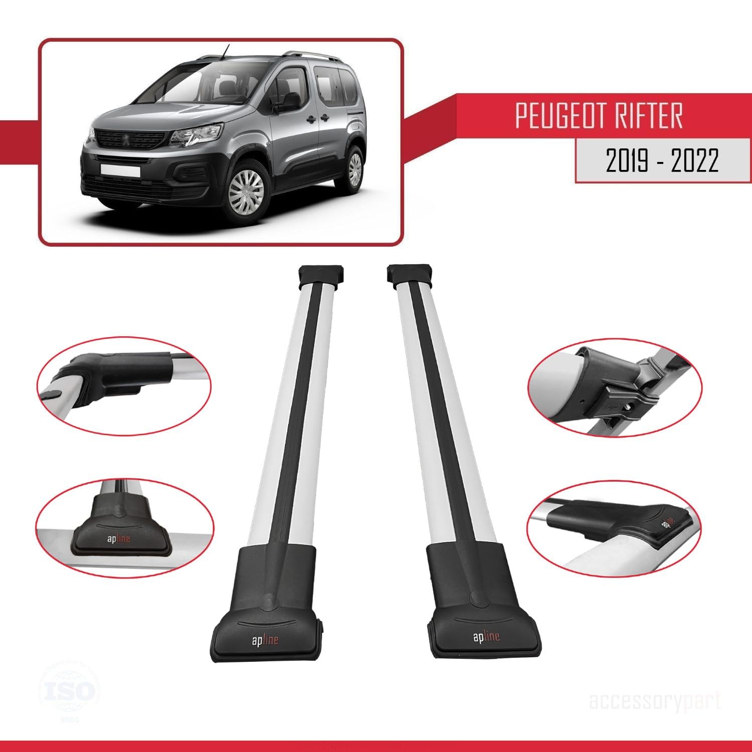 Compatible con Peugeot Rifter 2019-2022 FLY Model Barras de Techo Auto Portaequipajes Barras Transversales Gris Aluminio 2 Barras