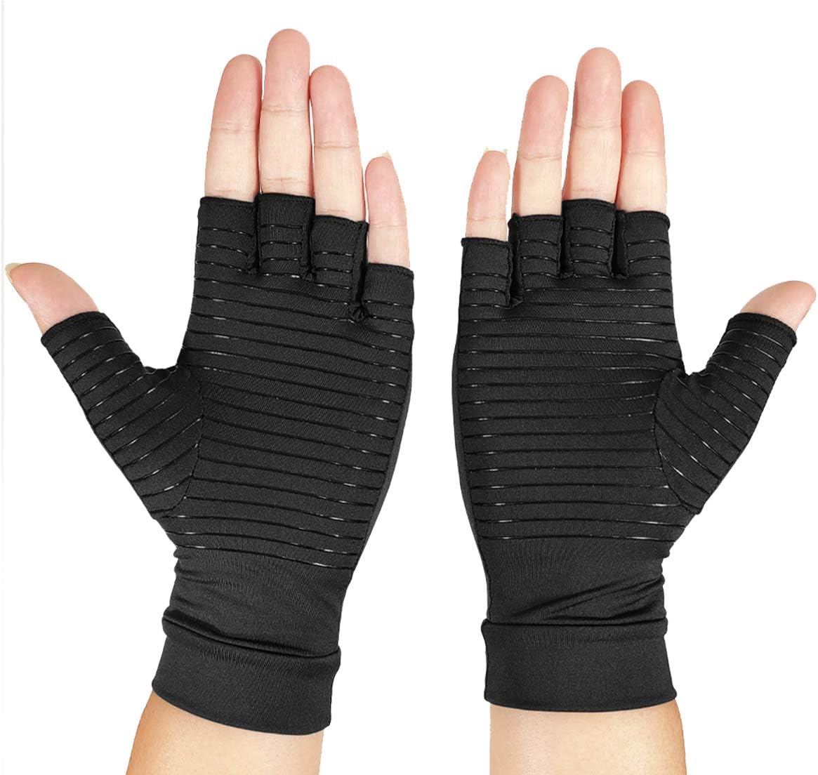RHome Arthritis Compression Gloves | 1-Pair, Pain Relief, Rheumatoid, Osteoarthritis and Carpal Tunnel for Men and Women, Fingerless for Typing, with Therapy Glue Point (Black with Gel-Large)