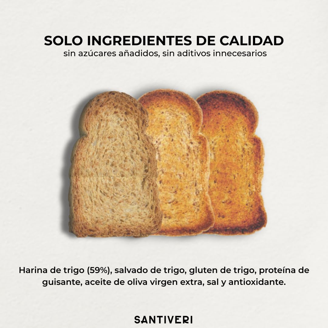 SANTIVERI – Pan Tostado Proteico con 25% de Proteína, Alto en Fibra, Pan Proteico con Proteína Vegetal, Bajo en Azúcares – 240 g