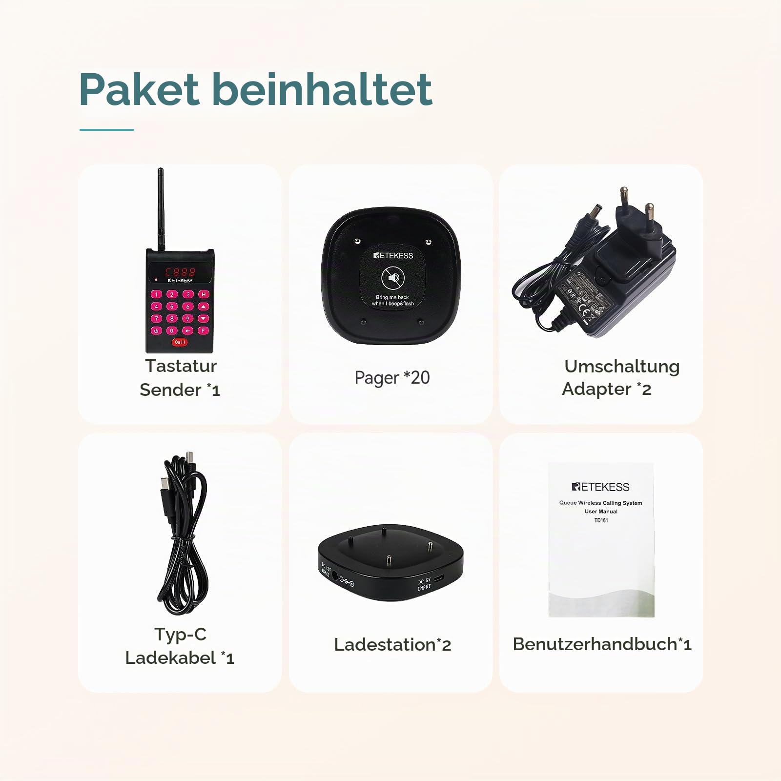 Retekess TD161 Pager Rufsystem, Restaurant Pager, 20 Pagers | für Café, Bar, Klinik, Draußen 500M, 300 mAh 20H, Plug-and-Play, 7 Anrufmodi, mit Stummschalttaste, Magnetisches Laden