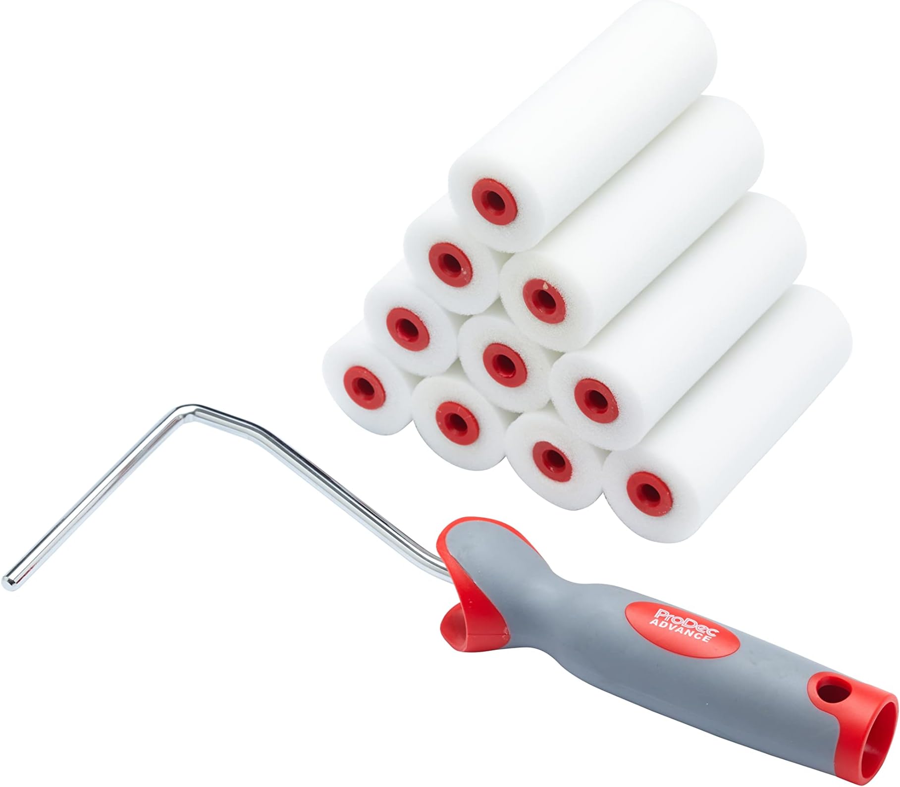 ProDecPRRF001 High Density Foam Mini Paint Rollers and Frame for a Smooth Finish with Gloss and Satin Paints on Skirting Boards, Window Sills, Panel Doors, Cabinets, Metal and More, 4", White
