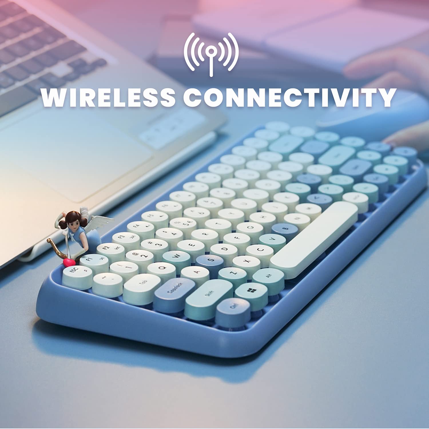 Perixx PERIDUO-713BL Wireless Mini Keyboard and Mouse Combo - Retro Round Key Caps - Pastel Blue - US English Layout..