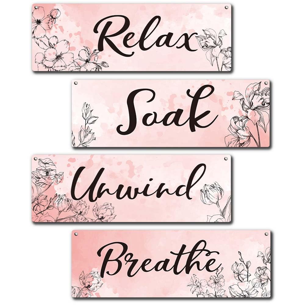 Bathroom Wall Decor Sign, 4 Pieces Pink Bathroom Wooden Sign With Rope, Relax Soak Unwind Breathe Wall Art Decor For Farmhouse Home Bathroom Restroom,