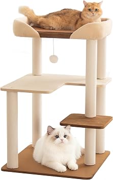 Modern Cat Tree for Large Cats, 37.5-Inch Tall Cat Tree Tower with Wide Shelves Low Step Cotton Scratching Posts, Super Sturdy Base, Cozy Perches, and Interactive Toys for Indoor 95cm White