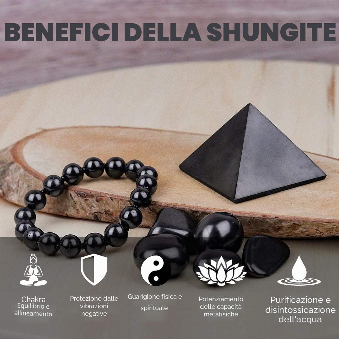 Heka Naturals Piramide di Shungite Lucidata (5 cm), Bracciale Elastico e Pietre Burattate | Decorazioni per la Casa, Purificazione dell'acqua, Disintossicazione, Gioielli Chakra