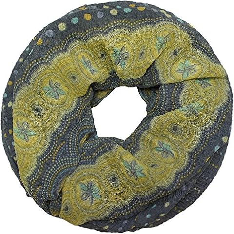 Soul-Cats® Loopschal Punkte Paisley-Muster grau gelb blau Hippie 60s 70s Halstuch Schal Schaltuch Cover