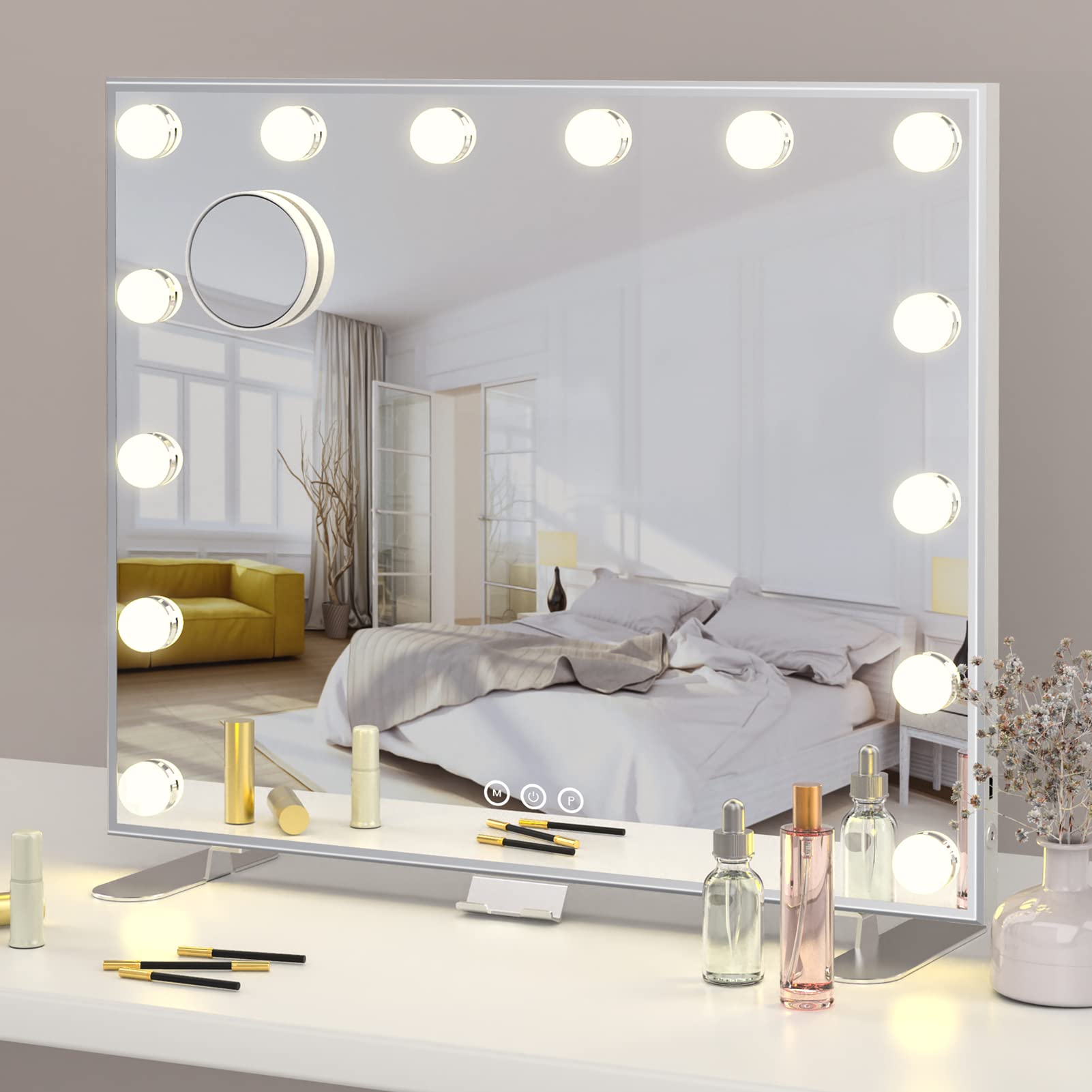 ADDCOLOR Hollywood Espejo Maquillaje con Luz, Espejo Pared con USB Puerto de Carga y eléfono Soporte, 14 Bombillas LED y 3 Modos de Iluminación Ajustables Espejo Grande (60x18x52,3 cm)