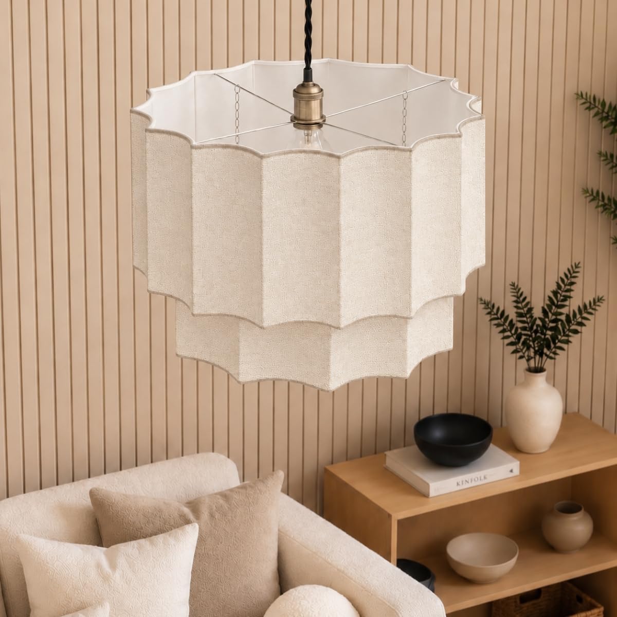 CGC Lighting Indoor Ceiling Lampshade Two Tier Inverted Scallop 52cm Pendant Table Lamp Bedroom Dining Room Lounge (2 Tier Cream Linen Inverted Scallop)