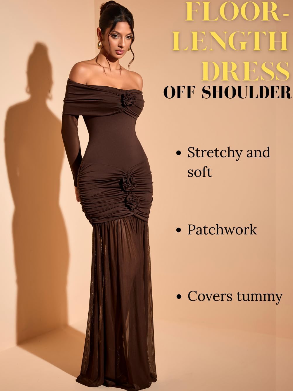 Off The Shoulder Maxi Dress,3D Flower Mermaid Ruched Dresses for Women,Elegant Formal Cocktail Holiday Gowns - Image 3