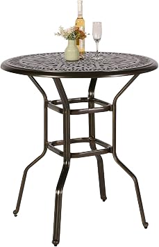 VIVIJASON 35.4" Patio Height Bar Table, All-Weather Cast Aluminum Bar Bistro Table Outdoor Patio Round Dining Table with Umbrella Hole for Balcony, Lawn, Garden, Backyard, Antique Bronze