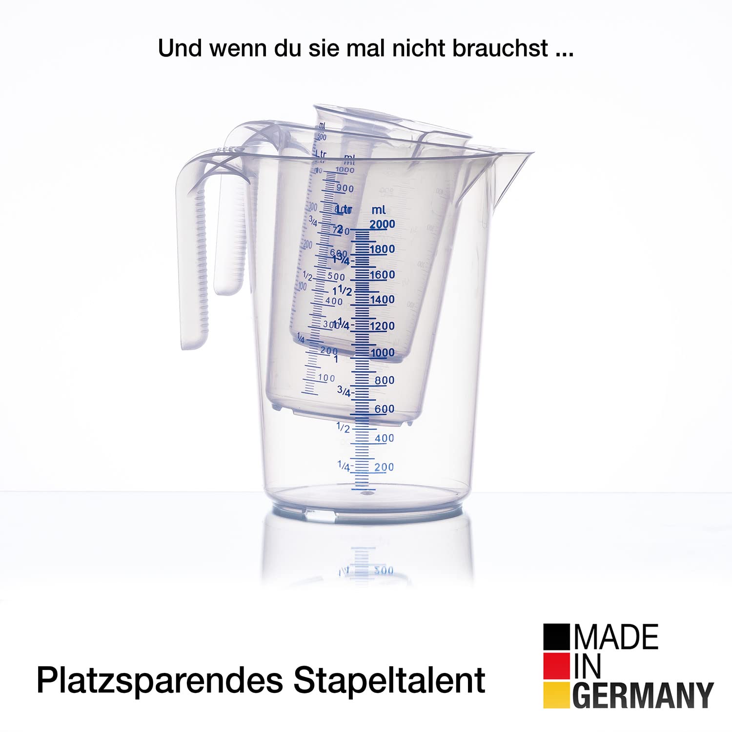 BigDean Messbecher-Set - 3 Größen: 500ml, 1L, 2L - bruchsicher, temperaturbeständig, farbige Skala transparent & blau - aus PP-Kunststoff lebensmittelecht - Made in Germany