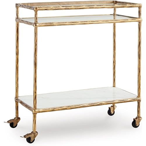 Signature Design by Ashley Plattfield Casual Antiqued 2-Tier Bar Cart with Casters, for Kitchen and Dining Room, Metallic & White