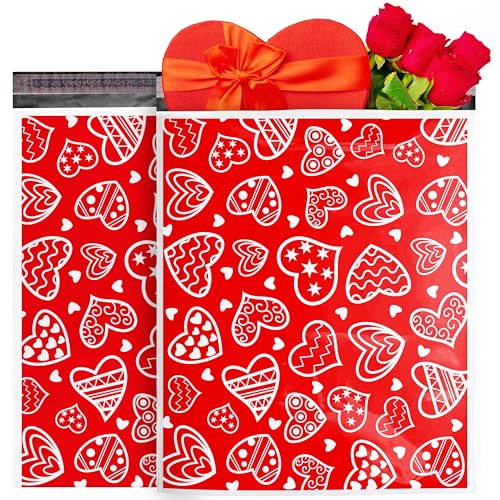 Shop4Mailers Valentines Poly Mailers 10 x 13 Glossy Red Hearts Decorative Plastic Waterproof Bags Shipping Mailing Envelope 2 Mil for Clothes, Apparel, Books Permanent Adhesive Seal (100 Pack, Hearts)