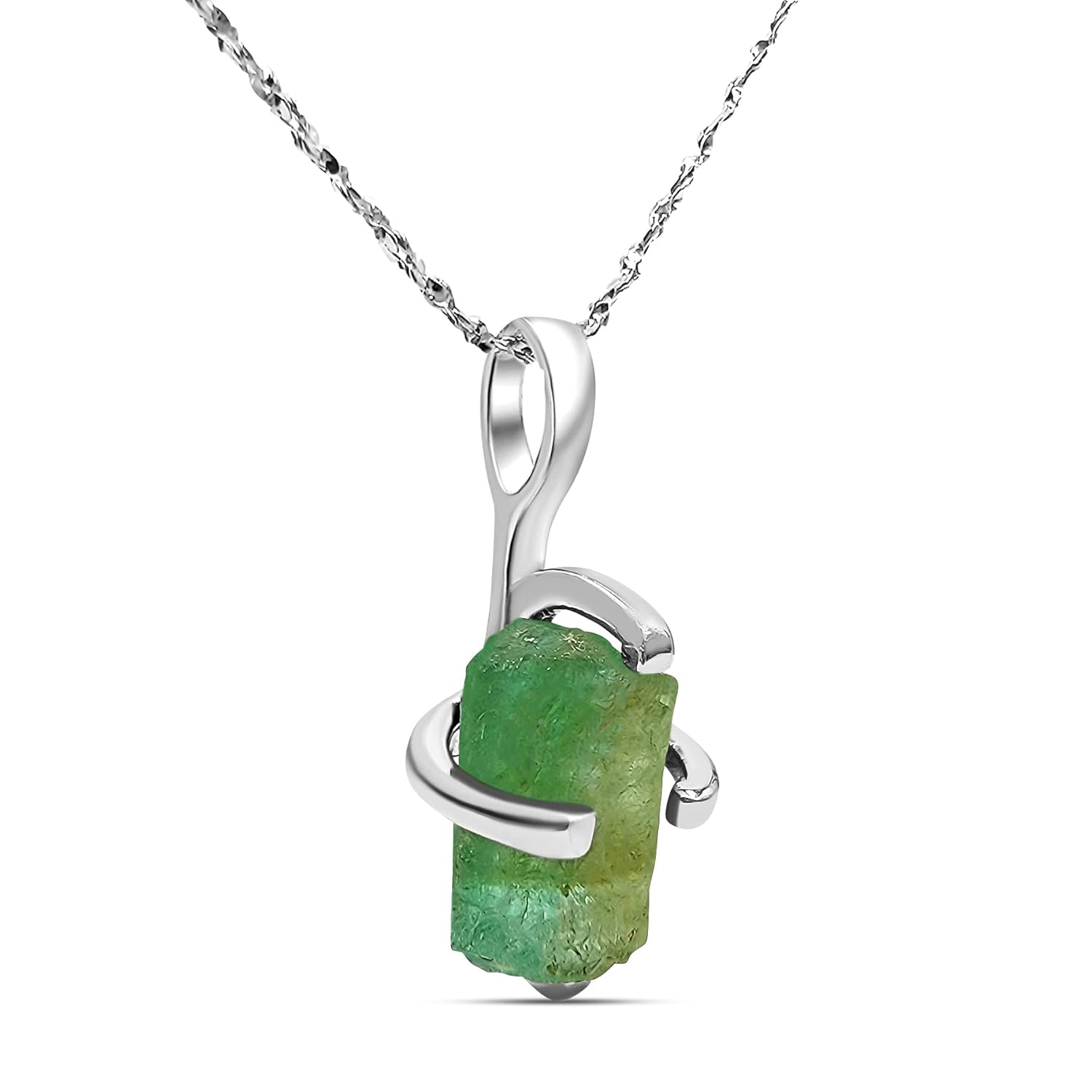 Natural raw emerald gemstone pendant chain necklace with white gold over 925 solid sterling silver, May birthstone dainty solitaire gift for her, uniquelan jewelry (emerald (beryl))