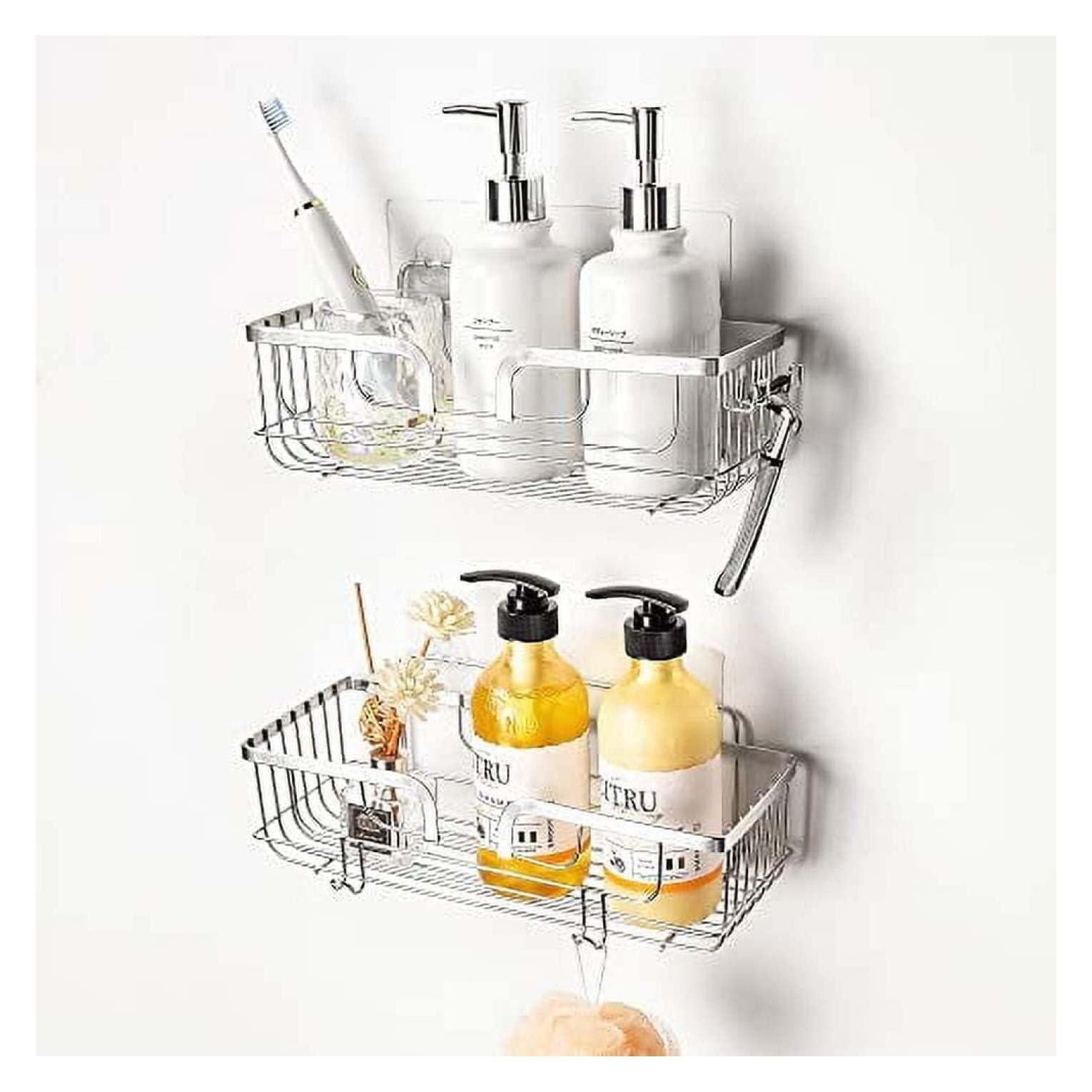 Shower Caddy Adhesive Bathroom Shelves - Stainless Steel Shower Organizer Basket with Hooks - No Drill Kitchen Rack