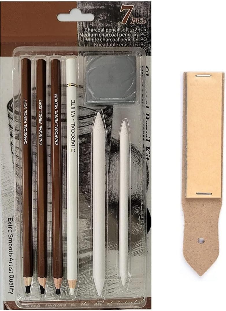 Art Ranger Black & White Charcoal Pencil Kit with Blending Stumps and Kneadable Eraser and Sandpaper for Artists Students (Sketching Kit)