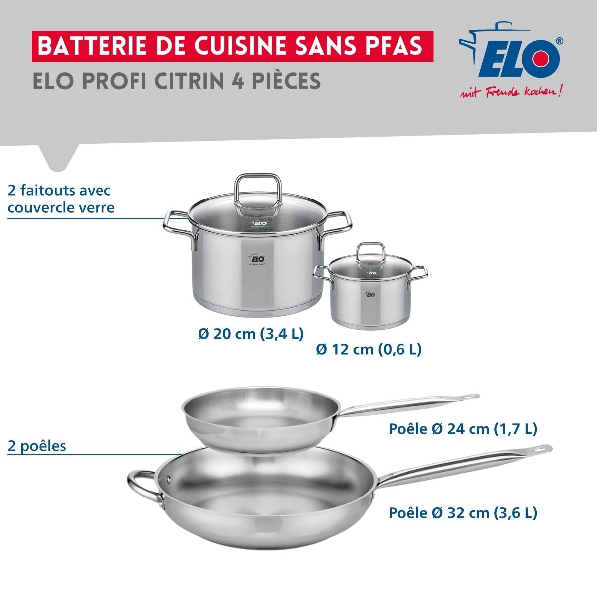 Elo Batterie de cuisine 2 poêles 24/32 cm et 2 faitouts 12/20 cm