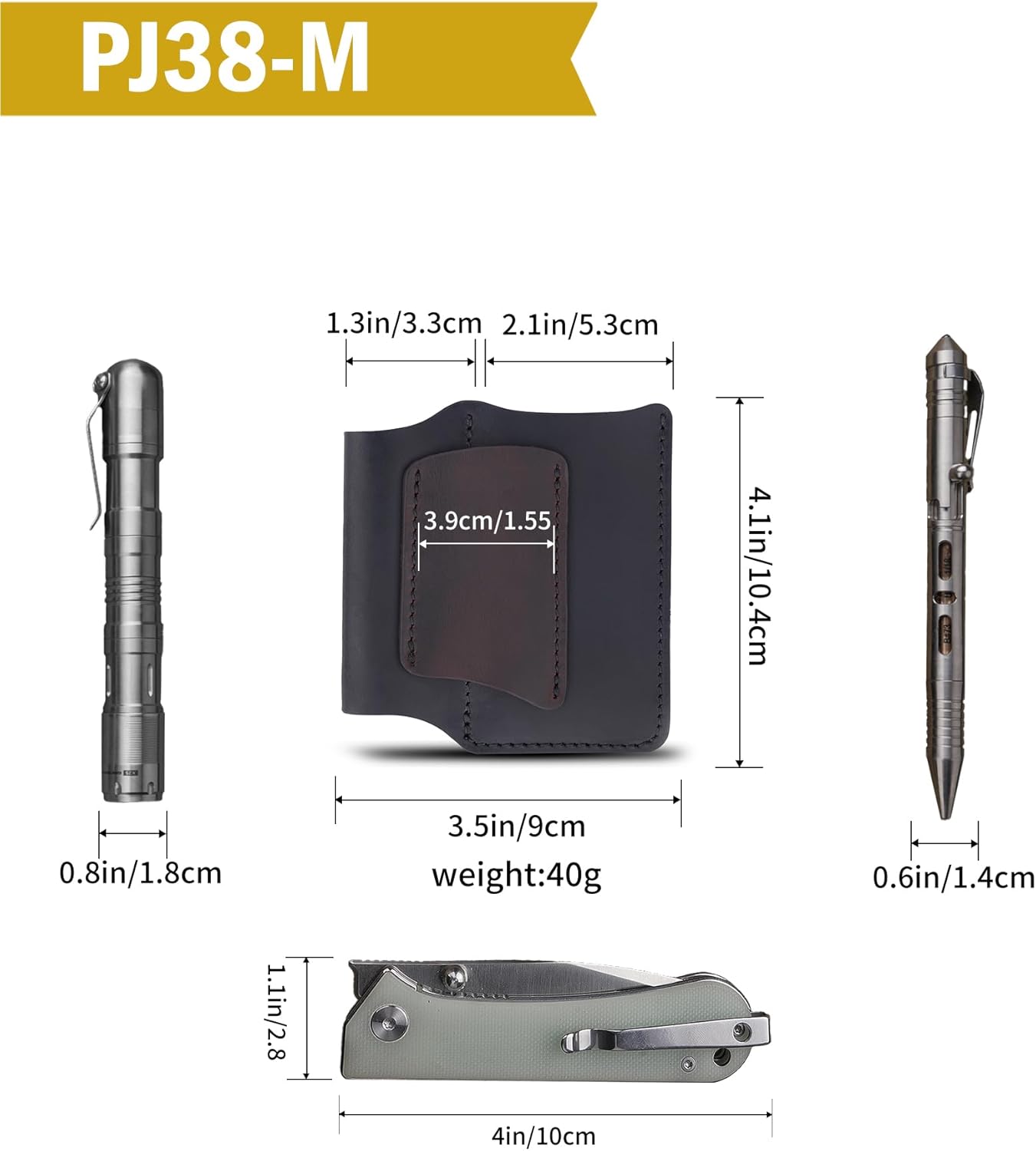 VIPERAED PJ38 Leather Multitool Sheath for Men, 4-in-1 Utility Leather Holster, EDC Pocket Organizer for Pocket Knife Multitool Flashlight and Pen - Image 5