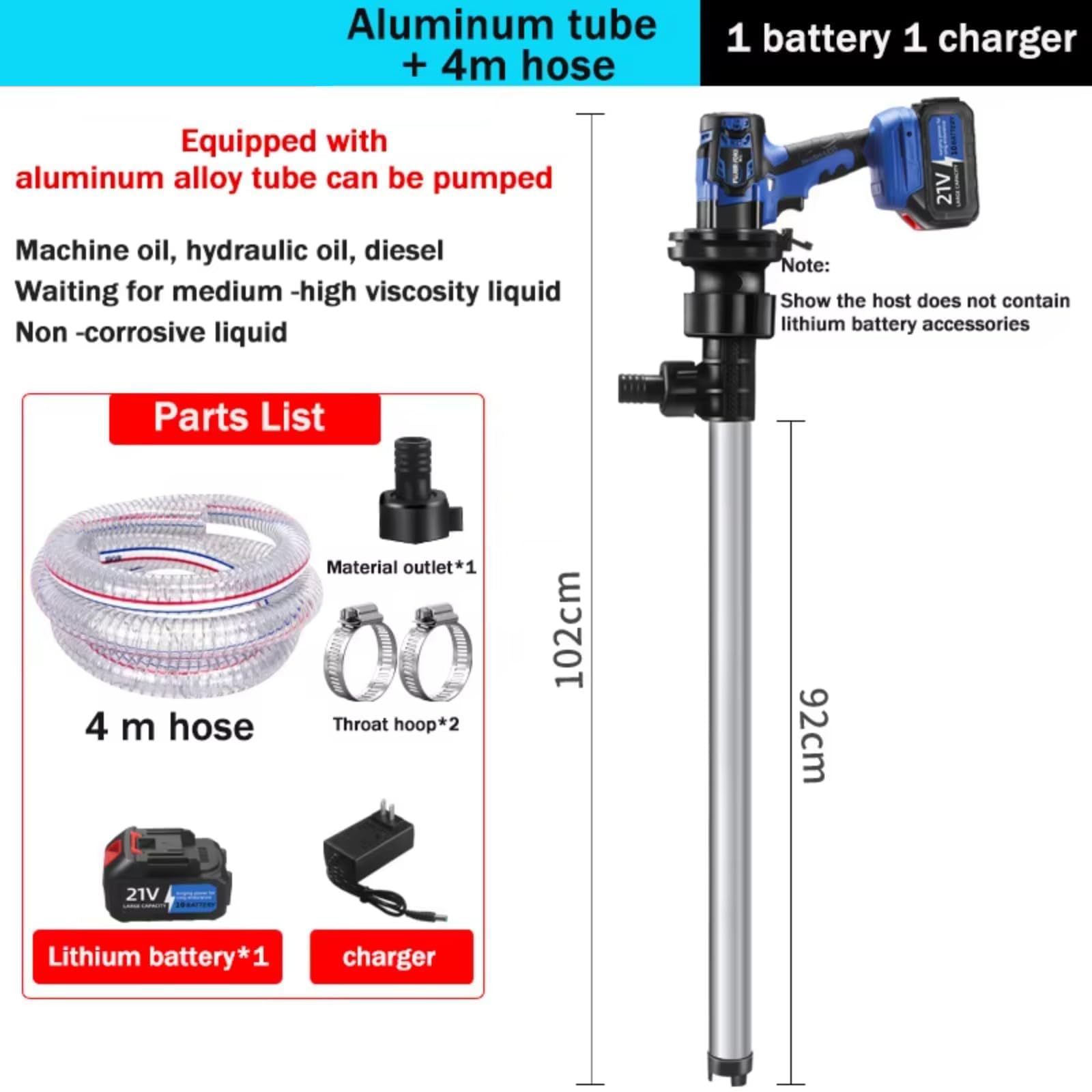 Pompa Elettrica per Trasferimento Carburante, Pompa Carburante a Batteria Portatile da 21 V con Tubo in Alluminio da 92 cm e Tubo di Uscita da 4 Metri, Pompa Elettrica a Sifone per Diesel/Cherosene