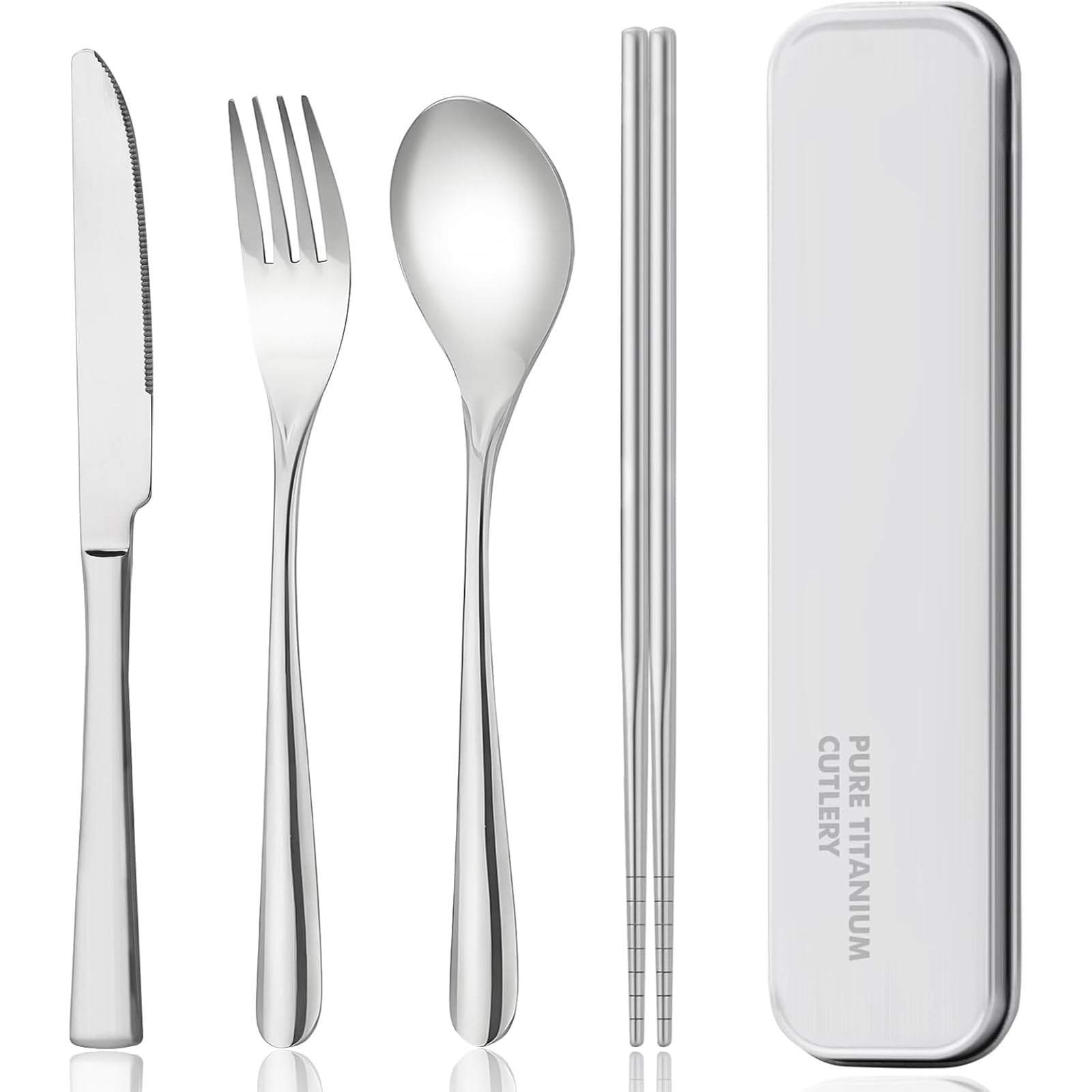 Zing TTI titanium tableware set, travel tableware with box, including titanium fork, knife, chopsticks and spoon, packed in a suitcase, portable design, suitable for school, work, picnic, camping use
