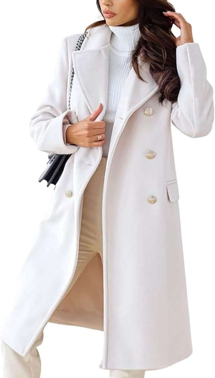 ECADHICC Women Long Wool Blend Pea Coat Winter Casual Overcoat Notched Lapel Collar Long Jacket Outerwear