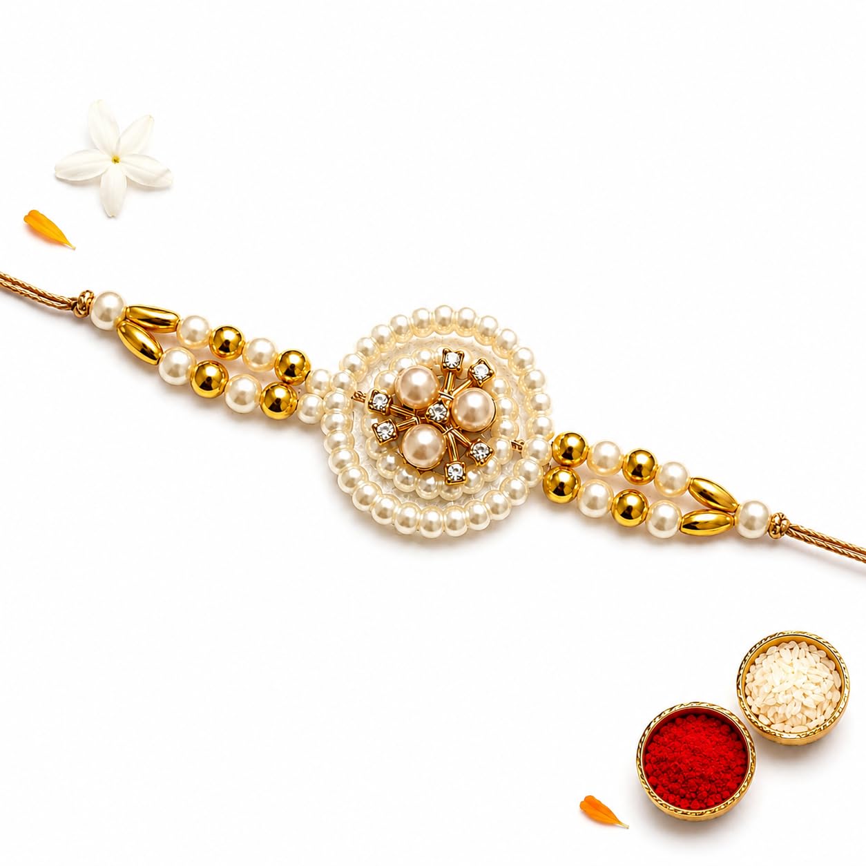 Designer Golden Flower Pearl Ring Rakhi for Brother with Roli Chawal Pack | Premium Traditional Rakshabandhan Gift for Bhai, Bhaiya, Bhabhi & Men | Protective Evil Eye Beaded Rakhi | Handmade Festival Thread-image-45