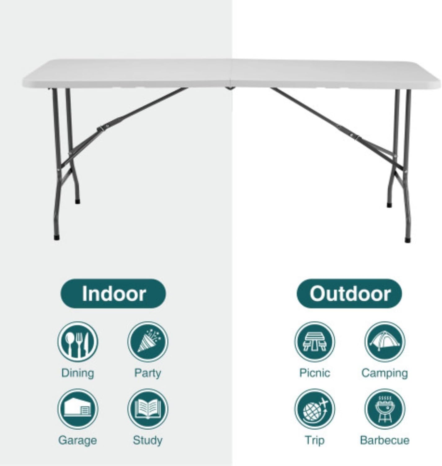 6-Foot Portable Table, Folding Table, Outdoor Indoor Heavy-Duty Portable Table with Handles for Camping Picnic Parties, White