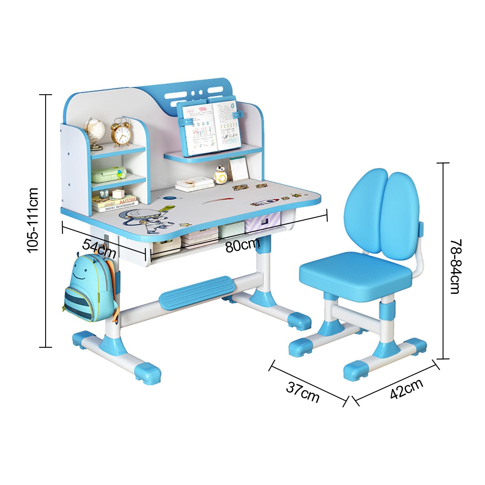 ohfruit Kindertisch und Stühle, einfache Montage, höhenverstellbarer Kinder-Schulschreibtisch mit großer Schreibtafel, Bücherregal, ergonomischer Kinder-Studientisch und Stuhl-Set für Mädchen, ideal