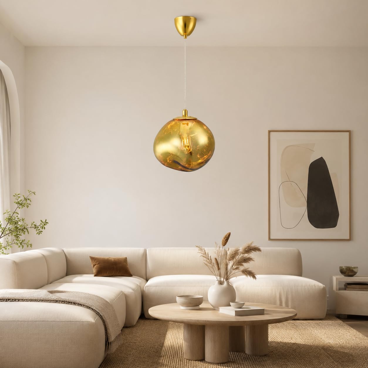 BARCELONA LED Goldene Pendelleuchte Ø28cm E27 Aus Glas | Robustes Metall, Transparentes höhenverstellbares Kabel, Bis 40 W, Für Wohn- und Esszimmer, Wohn- und Hotelbereich