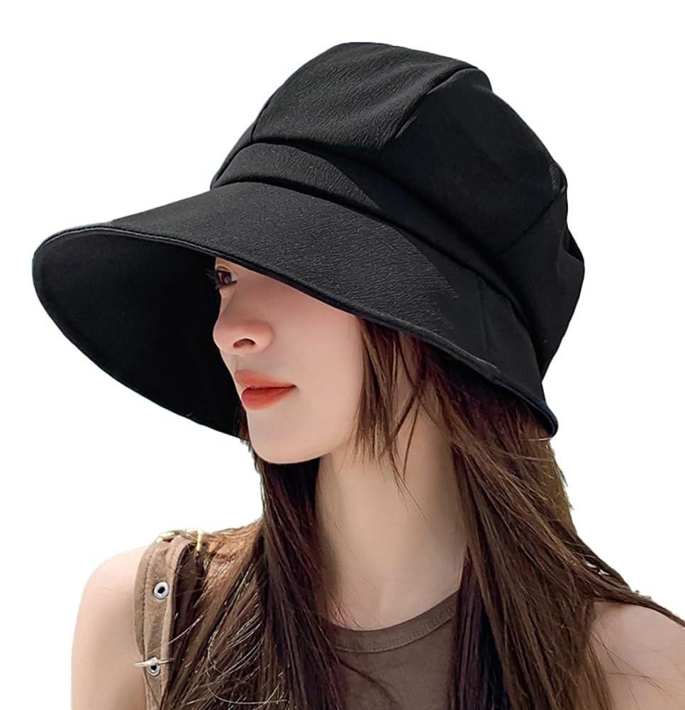 Chapeau bob tendance femme noir avec grand bord anti-UV pour l'été