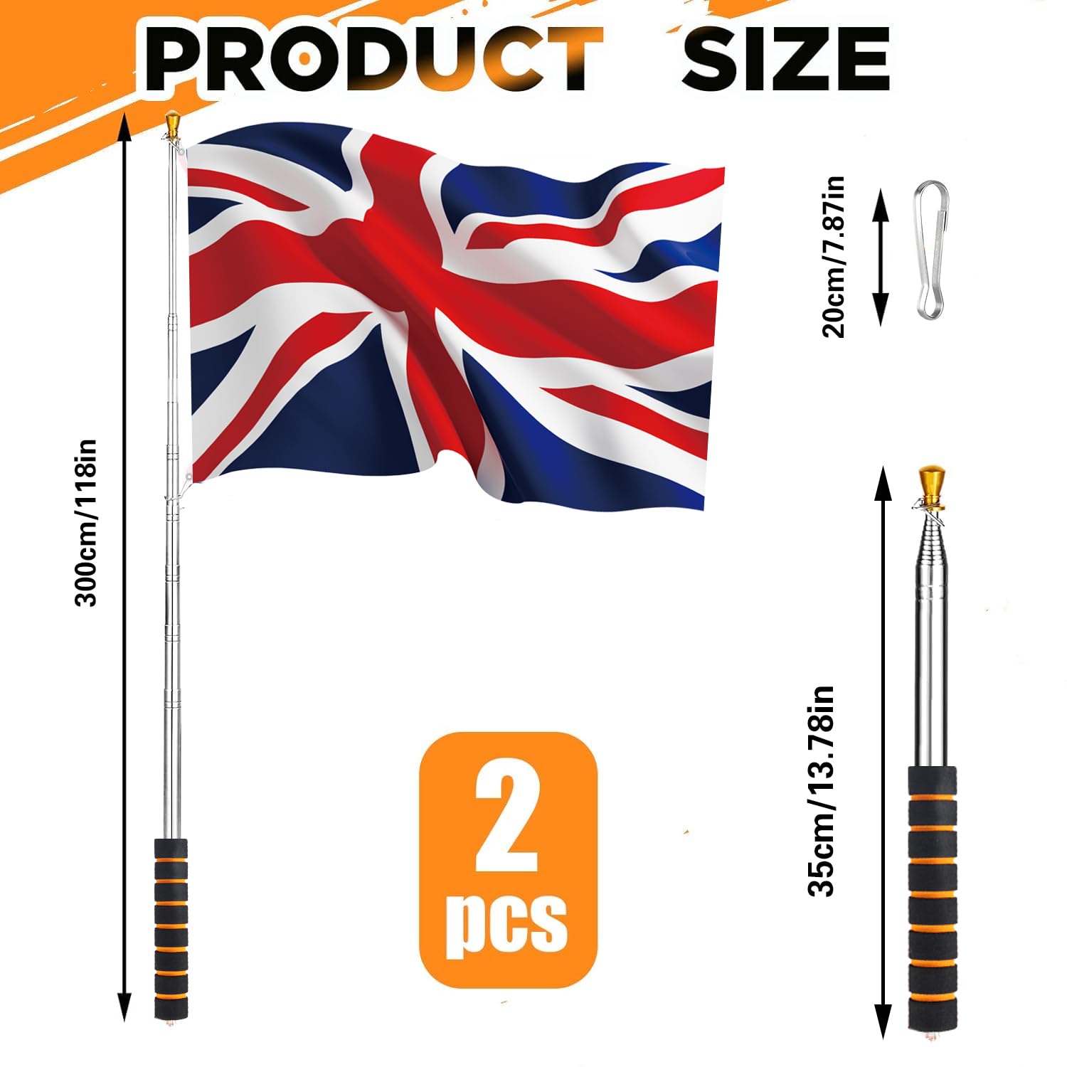 9.8ft (300cm) Telescopic Handheld Flagpole, 2Pcs Stainless Steel Handheld Flag Pole Portable - Image 2